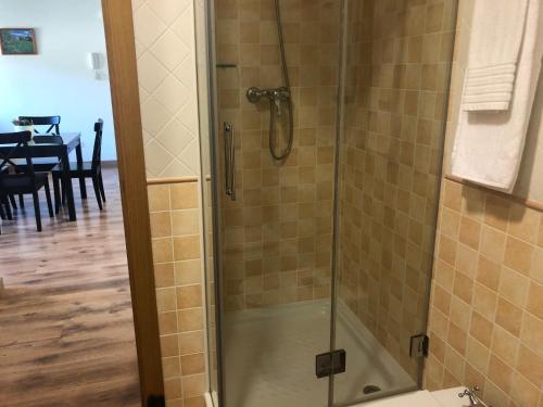 a shower with a glass door in a bathroom at Casa de Navalhorno Valsain in La Pradera de Navalhorno