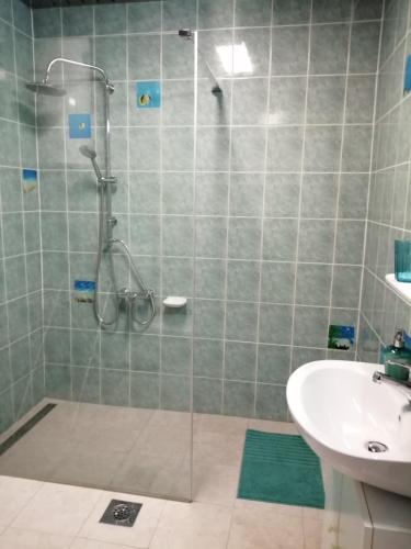 a bathroom with a shower and a sink at City center apartment in Umag