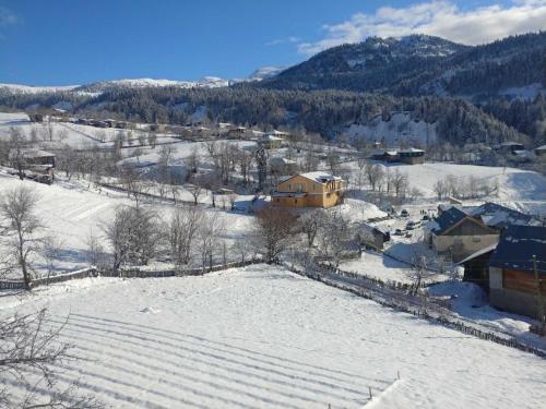 eine Luftansicht eines schneebedeckten Feldes mit einem Haus in der Unterkunft Guest House Luka in Danisparauli