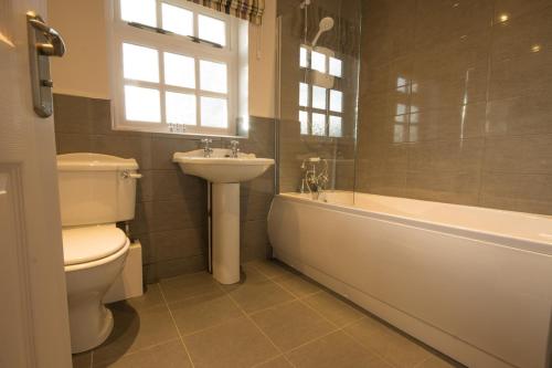 a bathroom with a toilet and a sink and a bath tub at Eyam Cottage - Darwin Lake Holiday Village in Matlock