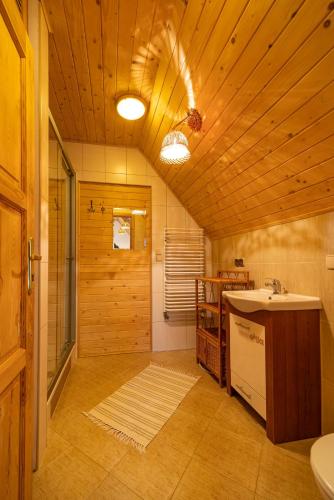 a bathroom with a sink and a wooden ceiling at Widokowa Górka in Czerwienne