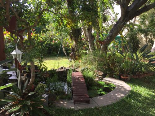 a garden with a pond and a wooden bridge at La Case O zoizos in Saint-Joseph