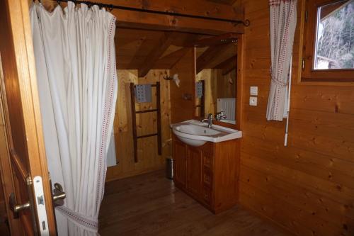 a bathroom with a sink and a shower curtain at Chalet Indépendant " L'anfian-ne" in Les Contamines-Montjoie