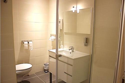 a white bathroom with a toilet and a sink at Le Prieuré in Saint-Dalmas-de-Tende
