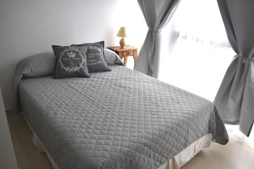 a bedroom with a bed with a gray comforter and pillows at Snow Rest in Ushuaia