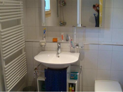uma casa de banho com um lavatório, um WC e um espelho. em Sot Spondas 15 em Savognin
