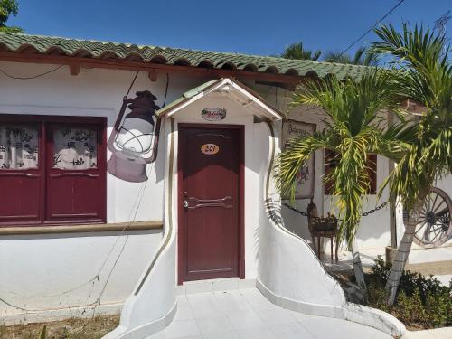 a house with a red door and a palm tree at Eco-Hotel Villa Elina in Ríohacha