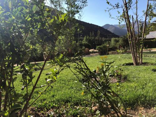 a field of green grass with mountains in the background at Refugio del Maipo Lodge in San José de Maipo