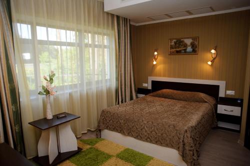 pokój hotelowy z łóżkiem i oknem w obiekcie Complex Mukhomor w mieście Połtawa