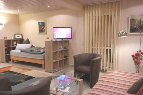 een woonkamer met een bed, een stoel en een televisie bij APPartementWESTiNGhaus in Edemissen