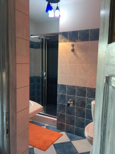 a bathroom with a shower and a toilet and a sink at Apartamenty i pokoje u Staszelów in Poronin