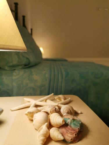a pile of shells on a table next to a bed at Casa Martina in Pula