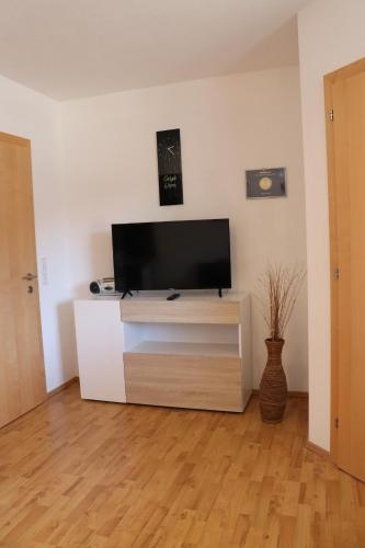 een woonkamer met een flatscreen-tv op een kast bij Haus Gastl in Arzl im Pitztal