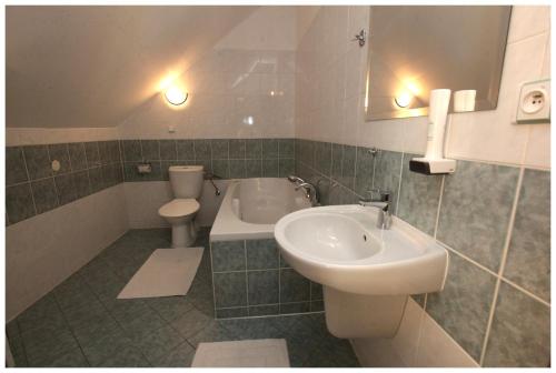 a bathroom with a sink and a toilet and a mirror at Restaurant penzion u Buchlovskeho zamku in Buchlovice