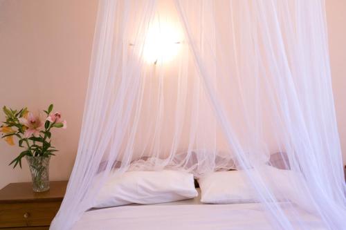 a bed with a mosquito net over it with pillows at Pansion Filoxenia Apartments & Studios in Tsoukaladhes