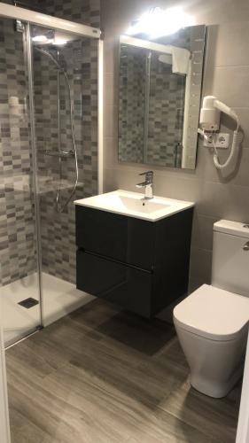a bathroom with a sink and a shower and a toilet at Apartamento Marbore (Torla-Ordesa) in Torla