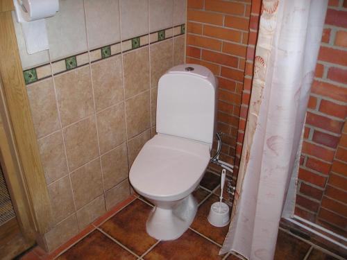 a bathroom with a white toilet in a brick wall at Lõõdla Holiday House in Lümatu