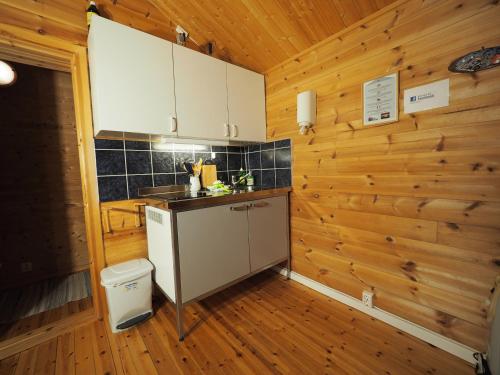 a kitchen with wooden walls and a counter top at Eggum Fishermans Cabin in Bøstad