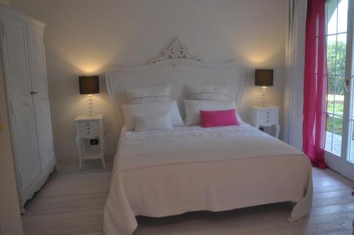 a bedroom with a white bed with a pink pillow at Caterina.C B&B in Val Della Torre