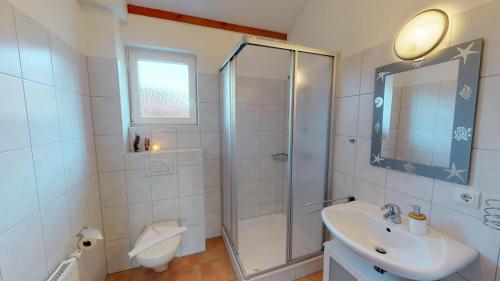 ein Bad mit einer Dusche, einem Waschbecken und einem WC in der Unterkunft Feriendorf Südstrand Haus 44 in Pelzerhaken