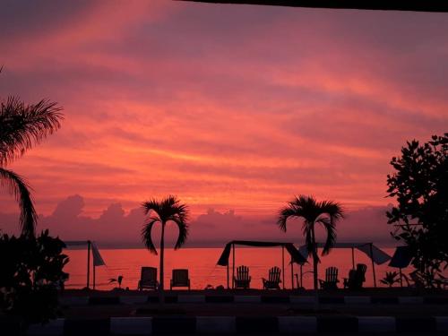 a sunset with palm trees in front of the water at Hotel Don Toño Tolú in Tolú