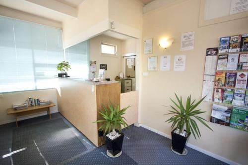 an office with two potted plants in a room at Parkville Motel in Melbourne
