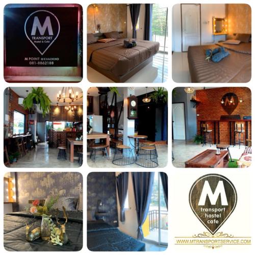 a collage of different pictures of a house at M Hostel And Cafe at Khao Kho in Khao Kho