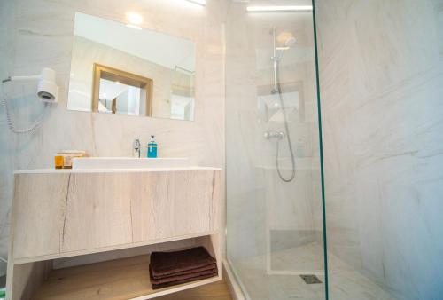 a bathroom with a sink and a shower at Vila JŪRALUX in Palanga