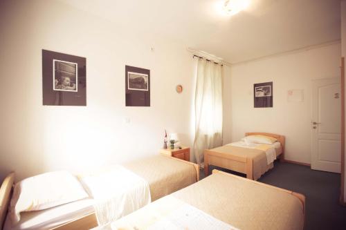 a hotel room with two beds and a window at Rooms Medved in Samobor