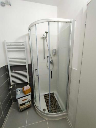 a shower with a glass enclosure in a bathroom at la staccionata bianca in Viterbo