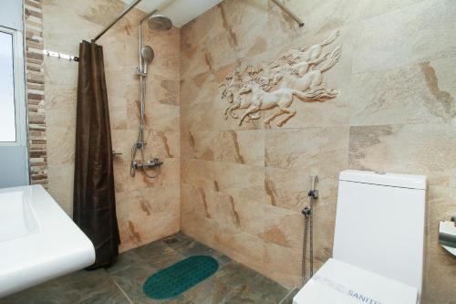 a bathroom with a shower with a toilet and a sink at Sasha Transit Hotel in Katunayake