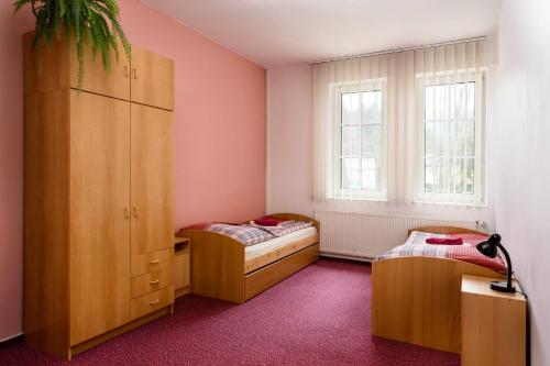 - une chambre avec 2 lits et une grande fenêtre dans l'établissement Apartmán Hromovka Špindlerův Mlýn, à Špindlerův Mlýn