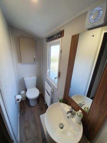 a bathroom with a sink and a toilet and a mirror at RJ Luxury Caravan Hire With Hot Tub in Tattershall