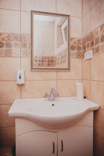 a bathroom with a sink and a mirror at King Arthur Panzió in Baja