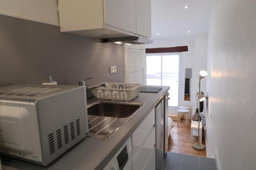 une cuisine avec un évier et un plan de travail dans l'établissement La Terrasse de Wilson, à Toulouse