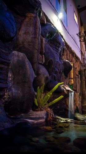 a water feature with a waterfall in a zoo at Bromo Otix Guest House in Bromo