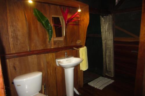 a bathroom with a toilet and a sink at Casa Pequeña in Drake