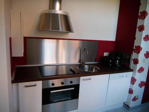 a small kitchen with a sink and a stove at Ferienwohnung Markert in Blankenburg