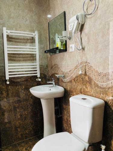 a bathroom with a toilet and a sink and a mirror at Wander Kazbegi Hotel in Stepantsminda