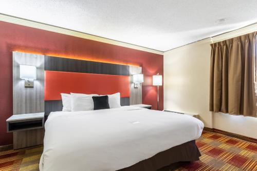 a hotel room with a large bed and a red wall at Countryside Suites Kansas City Independence I-70 East Sports Complex Hotel in Independence
