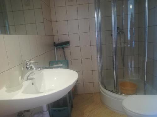 a bathroom with a sink and a shower at Apartament Super Karpacz in Karpacz