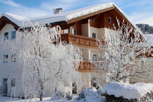 un bâtiment avec des arbres enneigés devant lui dans l'établissement Wawies Apartments, à Flachau