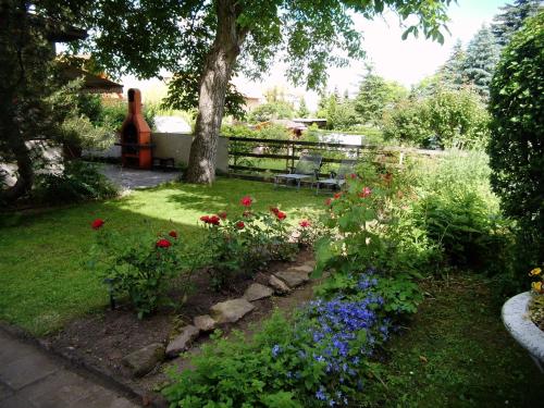 a garden with flowers and a tree and a bench at Ferienwohnung Markert in Blankenburg