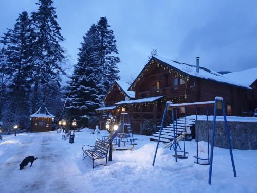 a snow covered yard in front of a log cabin at Gostynniy Dvir in Forest Коттеджи in Migovo
