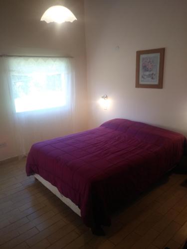 1 dormitorio con cama morada y ventana en Departamento Laguna Blanca en San Carlos de Bariloche