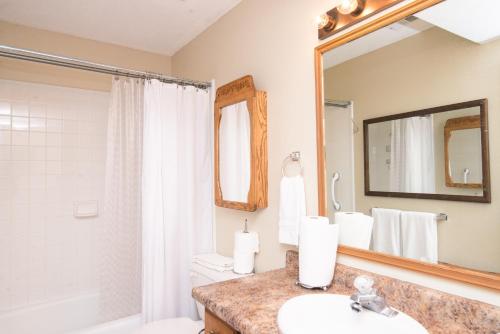 een badkamer met een wastafel, een toilet en een spiegel bij Charming Ogden Town home, 25 min to Snowbasin Ski Resort Duplex in Ogden