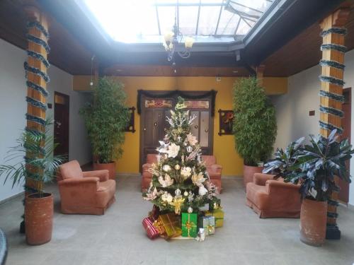 un árbol de Navidad en el vestíbulo de un edificio en Hotel Plaza Mayor, en Duitama