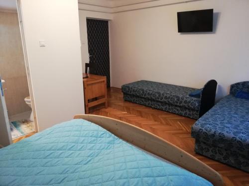 a bedroom with a bed with a surfboard on it at Örökzöld Apartman Szeged in Szeged