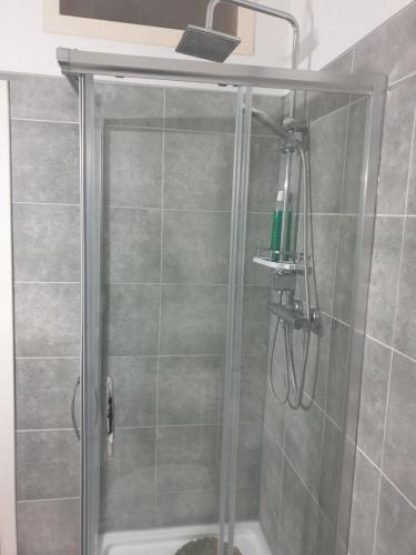 a shower with a glass door in a bathroom at Magnifique Appart pour 4 personnes complètement reno in Charleroi