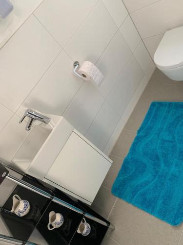 a bathroom with a sink and a toilet and a blue rug at Villa Pazelt Top1 in Bad Vöslau